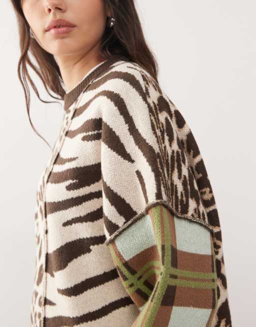 COLLUSION Unisex knitted spliced animal print jumper sweater in boxy fit