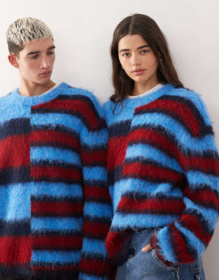 Collusion Unisex Knit Spliced Stripes Sweater-multi In Blue