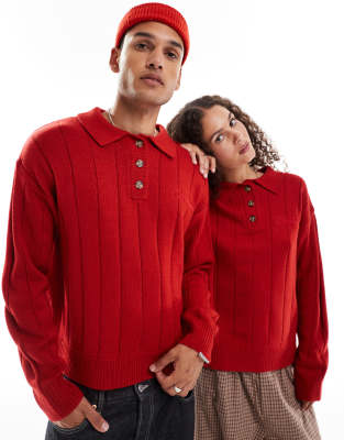 Unisex knit sweater with collar detail in red