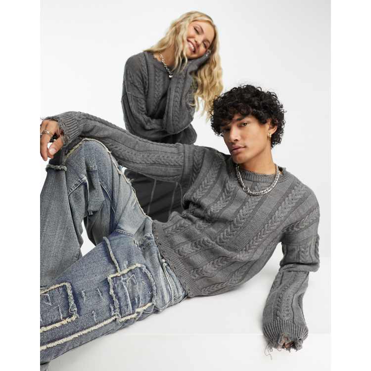 COLLUSION Unisex knit sweater with nibble detail in charcoal