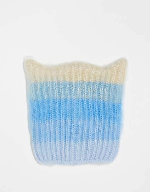 COLLUSION Unisex knitted beanie with ears in ombre ecru and blue