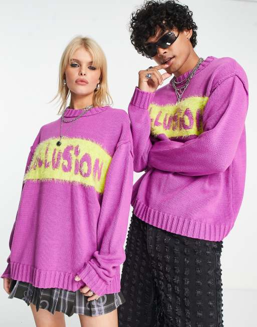 COLLUSION Unisex knitted branded front print crewneck in bright pink