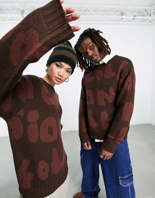 COLLUSION Unisex knitted branded two toned jumper in brown