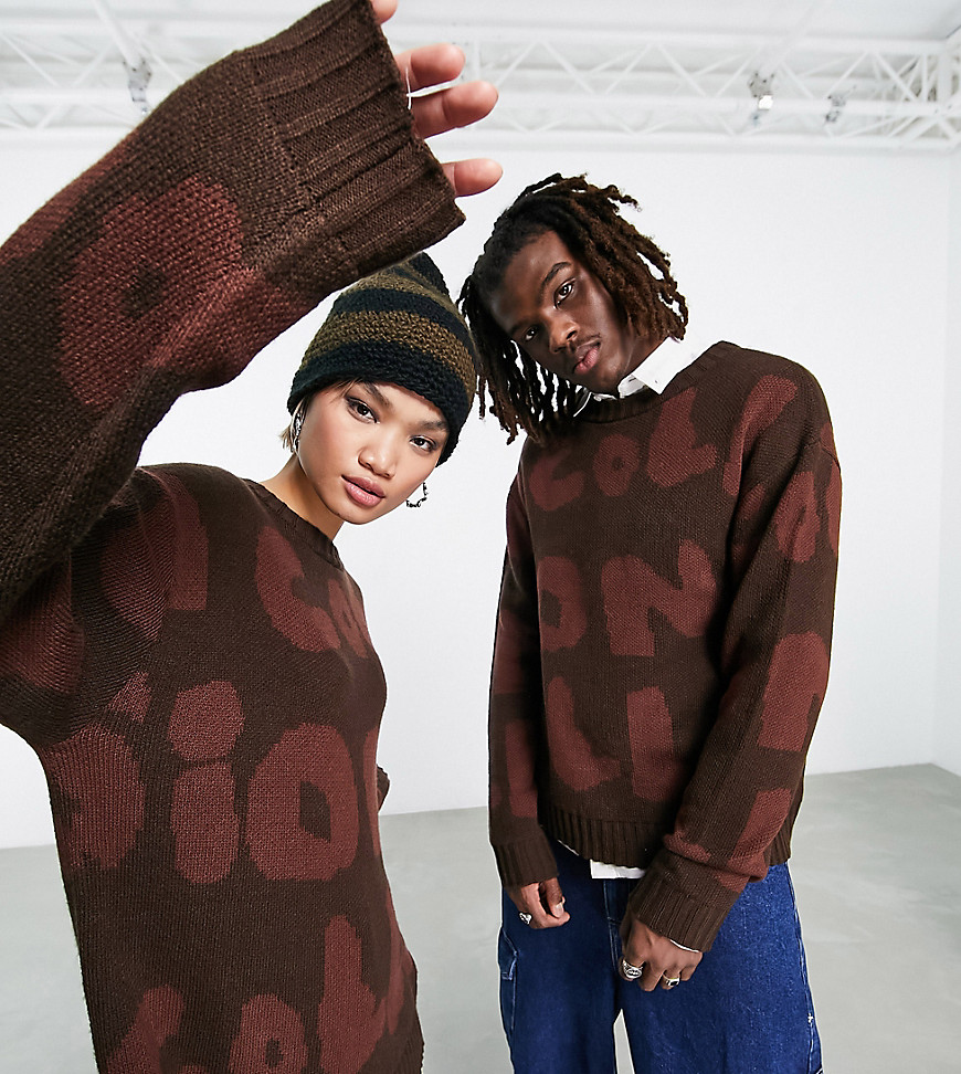 COLLUSION Unisex knitted branded two toned sweater in brown