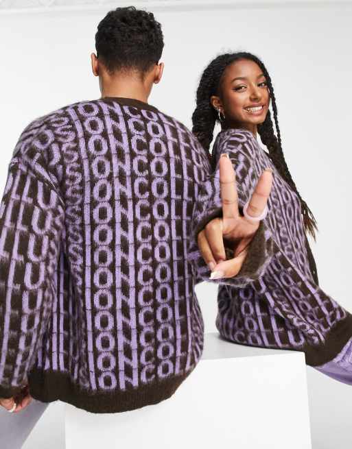 COLLUSION Unisex knitted brushed cardigan in brown and lilac branded print