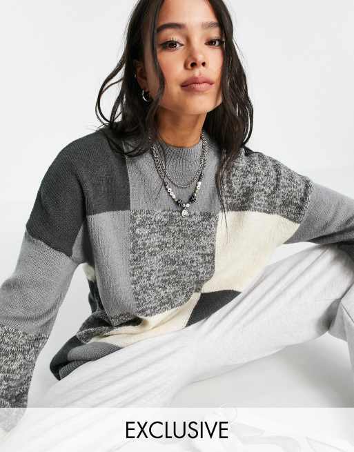 COLLUSION Unisex knitted color block sweater in tonal gray