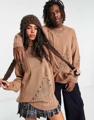 COLLUSION Unisex knitted distressed jumper in neutral | ASOS