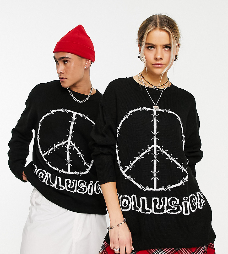COLLUSION Unisex knitted jacquard branded oversized jumper in black
