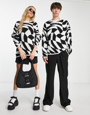 COLLUSION Unisex knitted jumper in warped checked print