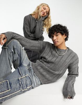 COLLUSION Unisex knitted jumper with knibble detail in charcoal