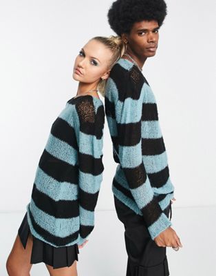 COLLUSION Unisex knitted open stitch striped jumper in black and blue