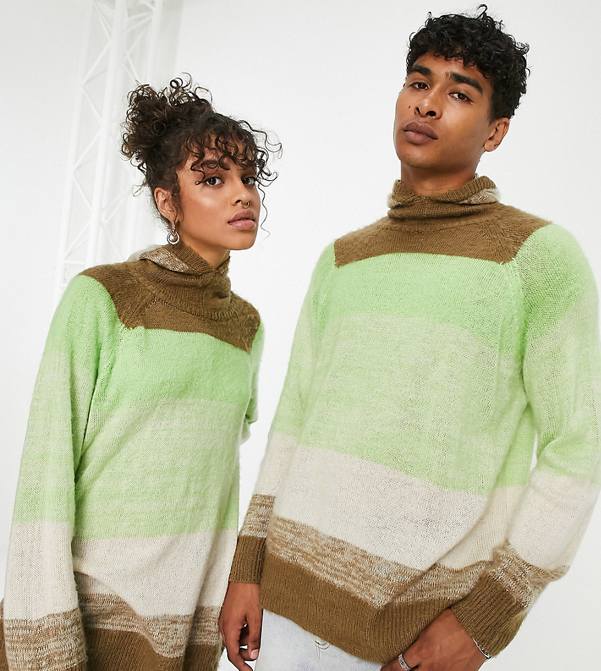 COLLUSION Unisex knitted oversized jumper with balaclava attached in neutral and lime stripe-Multi