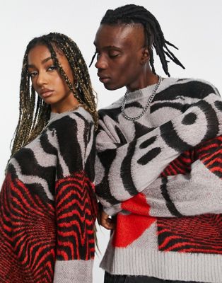 COLLUSION Unisex knitted patchwork jumper in grey, red and black