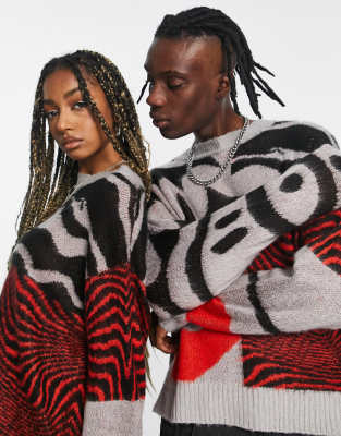 COLLUSION Unisex knitted patchwork jumper in grey, red and black - ASOS Price Checker