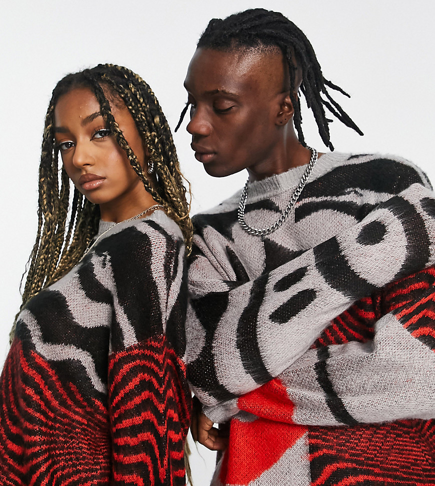 COLLUSION Unisex knitted patchwork jumper in grey, red and black-Multi