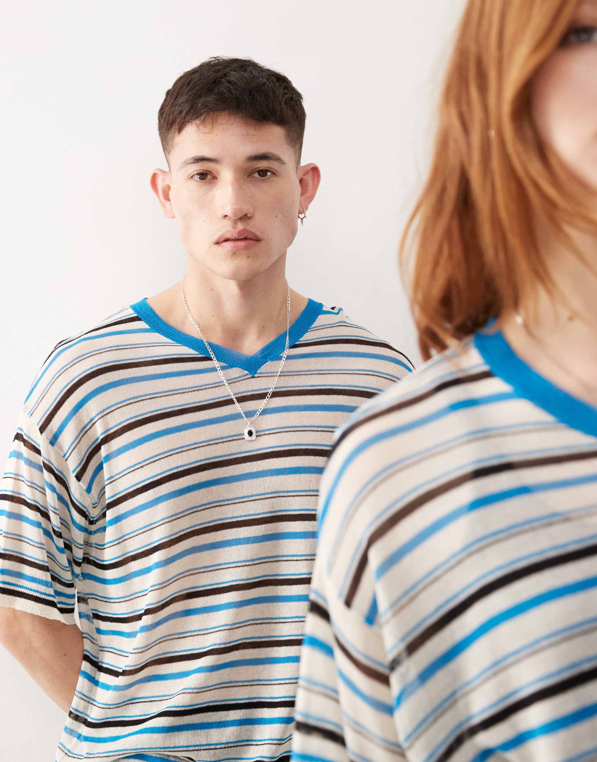 collusion unisex knitted polo with collar detail in stripe