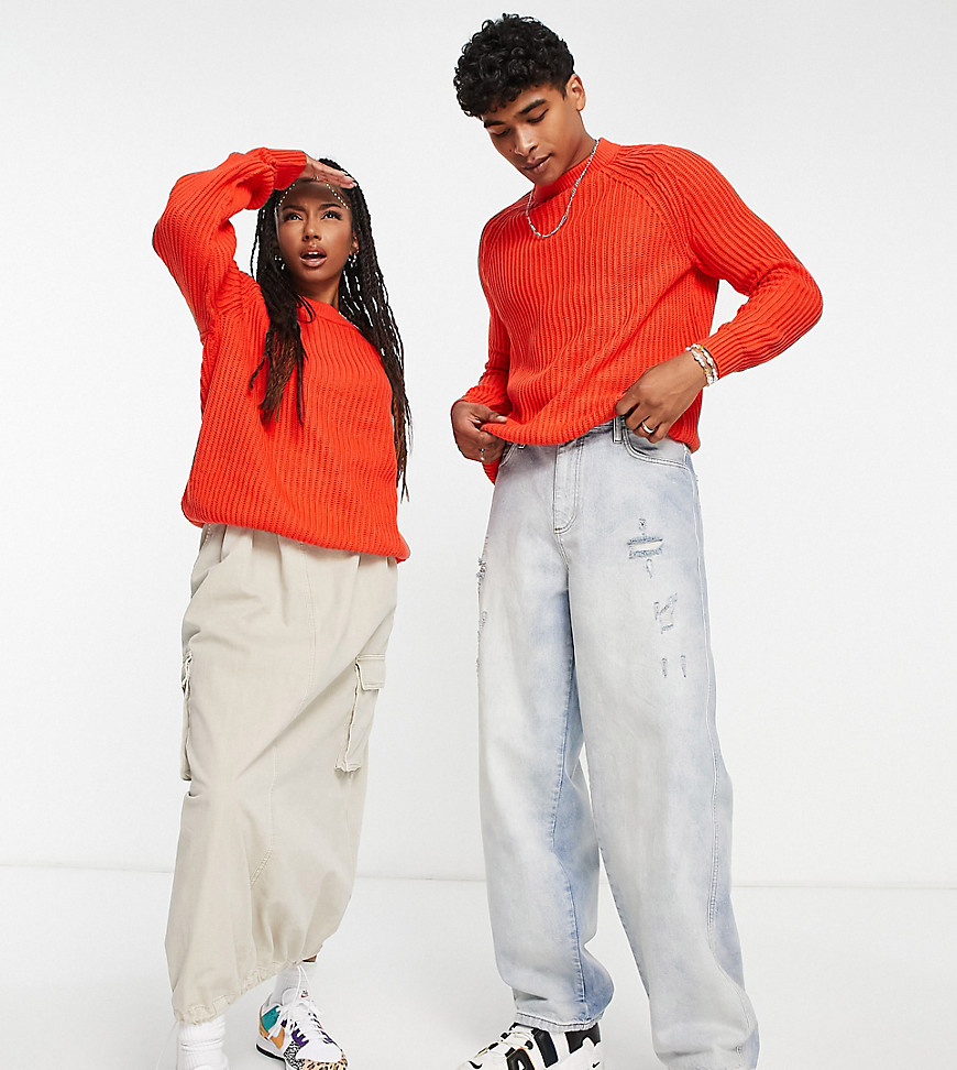 COLLUSION Unisex knitted ribbed jumper with raglan sleeve in red-Orange