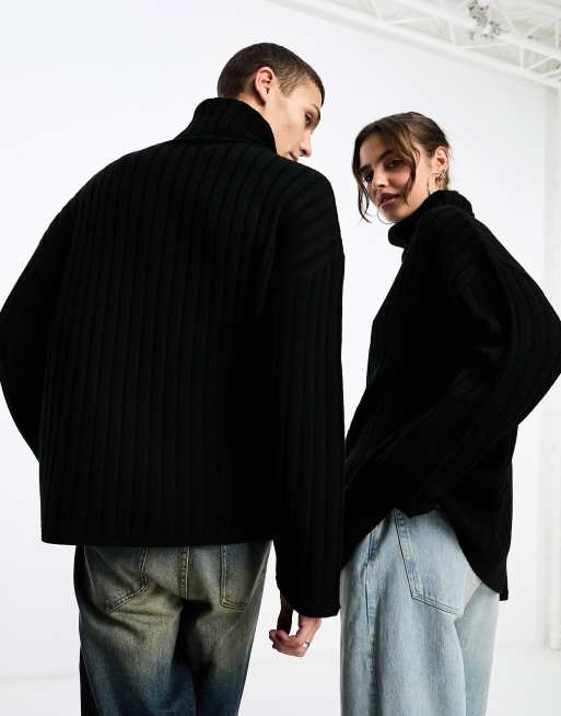 COLLUSION Unisex knitted ribbed oversized roll neck jumper in black