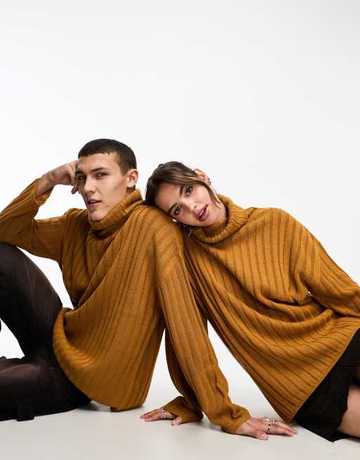 COLLUSION Unisex knitted ribbed oversized roll neck jumper in orange