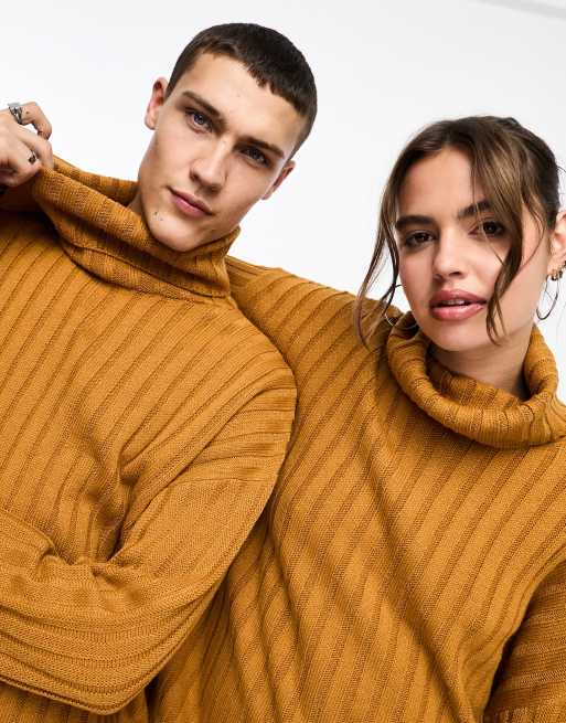 COLLUSION Unisex knitted ribbed oversized roll neck jumper in orange