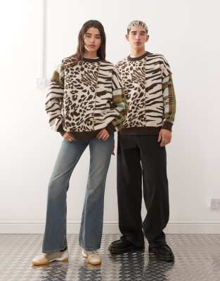 Collusion COLLUSION Unisex knitted spliced animal print jumper sweater in boxy fit-Multi