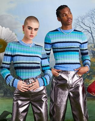 COLLUSION Unisex knitted striped jumper in blue  - ASOS Price Checker