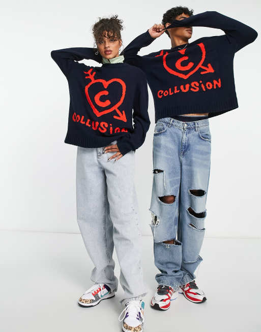 COLLUSION Unisex knitted sweater with branded jacquard in navy 