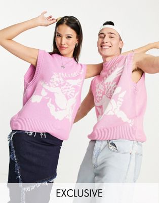 COLLUSION Unisex knitted tank with cherub print in pink