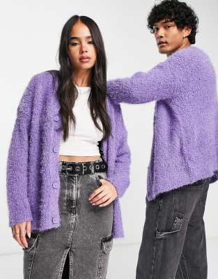 COLLUSION Unisex knitted textured boxy cardigan in purple-Gray