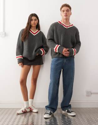 Collusion Unisex Knitted V Neck Sweater In Gray