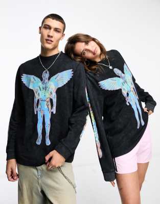 COLLUSION Unisex - Langärmliges Shirt in Anthrazit mit Engelprint