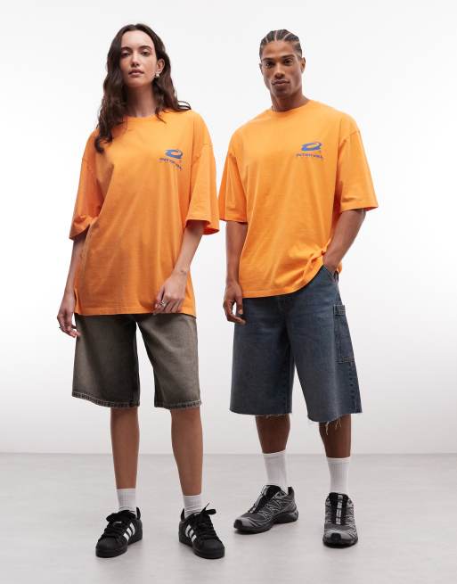 COLLUSION Unisex – Langärmliges Shirt in Orange mit blauem Print, 3 von 4