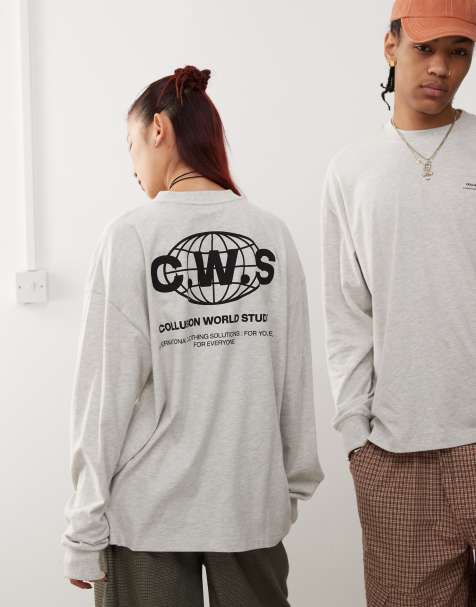 COLLUSION Unisex – Langärmliges T-Shirt in Grau meliert mit Grafik - view 1