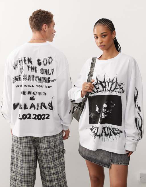 COLLUSION Unisex - Langærmet, oversized og hvid T-shirt med licenseret 