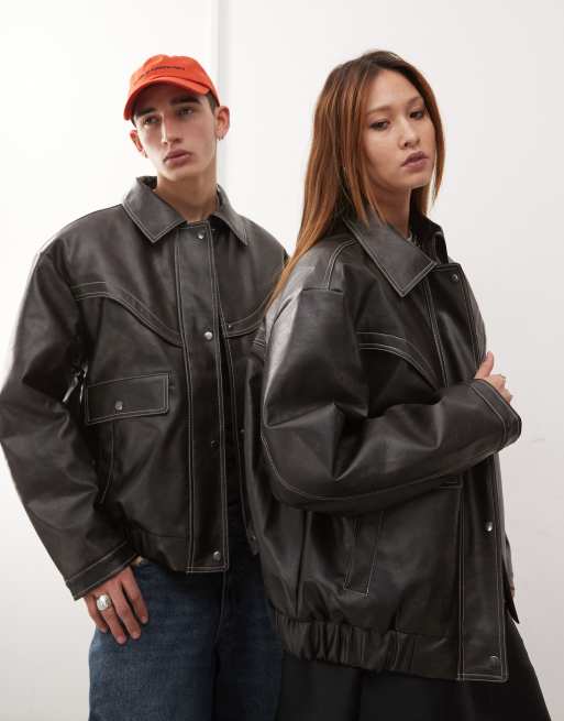COLLUSION unisex leather look bomber in brown