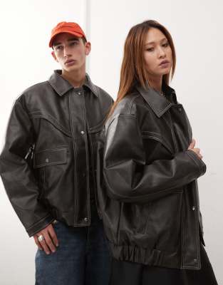 Unisex leather look bomber jacket in brown