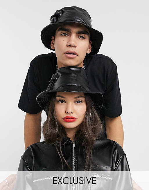 COLLUSION Unisex leather look bucket hat with pockets