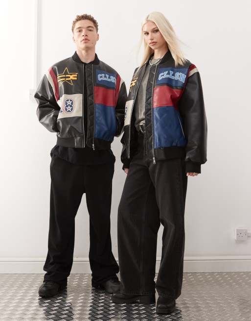 COLLUSION Unisex leather look patchwork bomber jacket in black