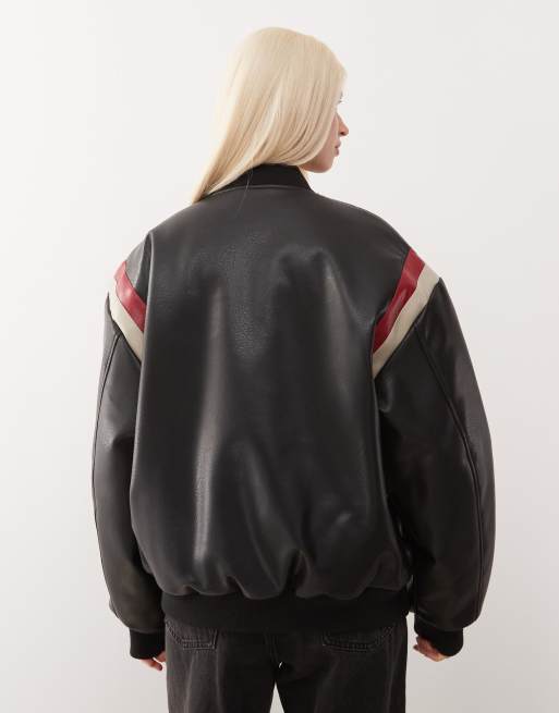 COLLUSION Unisex leather look patchwork bomber jacket in black