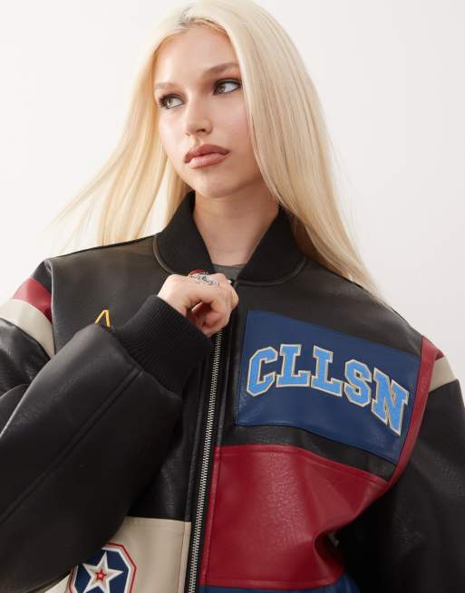 COLLUSION Unisex leather look patch work bomber jacket in black ASOS - Main Image