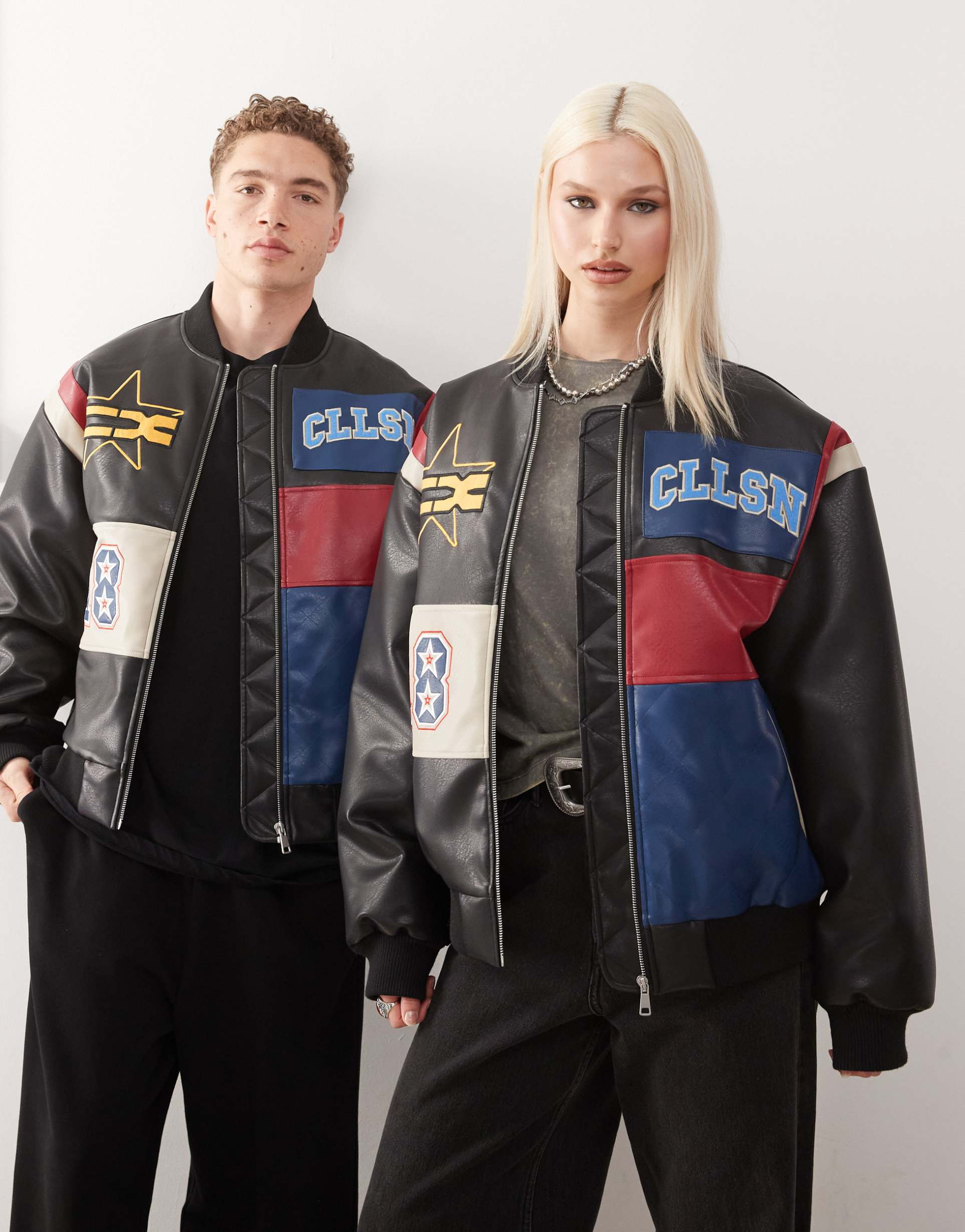 collusion unisex leather look patchwork bomber jacket in black