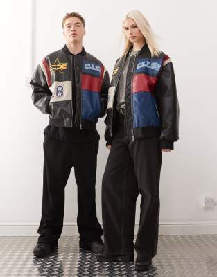Collusion Unisex Leather Look Patchwork Bomber Jacket In Black