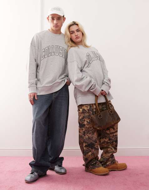 COLLUSION Unisex – Leichtes Oversize-Sweatshirt in Grau meliert mit College-Design - view 1