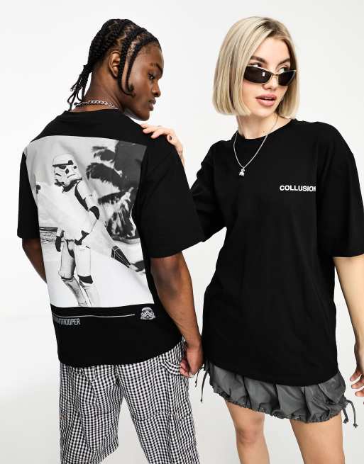 COLLUSION Unisex licence t-shirt with Stormtrooper back print in black