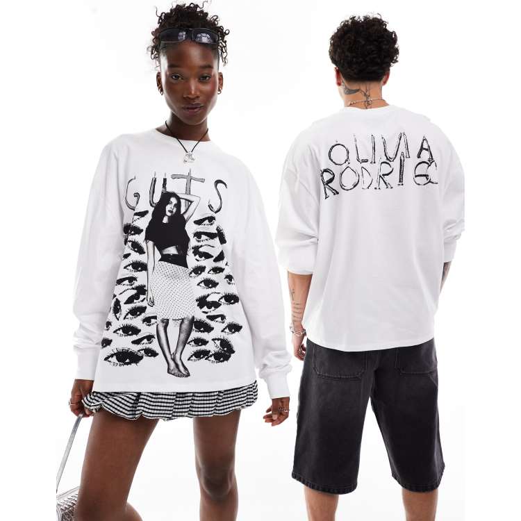 COLLUSION Unisex license festival oversize Olivia Rodrigo long sleeve  t-shirt in white