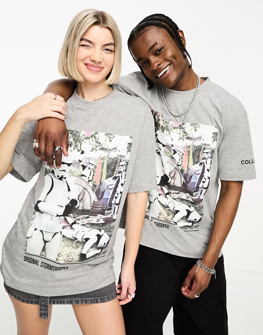 COLLUSION Unisex license t-shirt with Storm Trooper festival print in grey marl