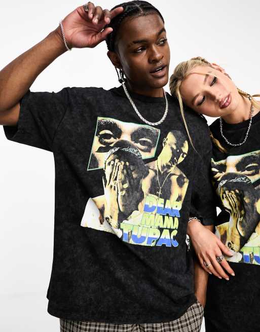 COLLUSION Unisex license t shirt with Tupac print in washed black