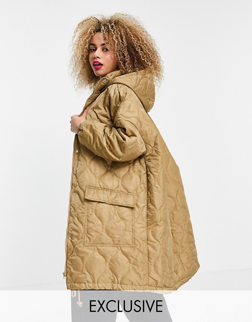 COLLUSION Unisex lightweight longline quilted jacket in beige