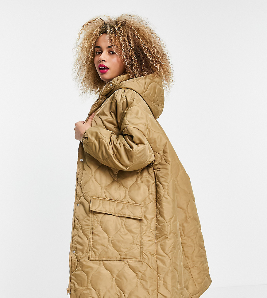 COLLUSION Unisex lightweight longline quilted jacket in beige-Neutral