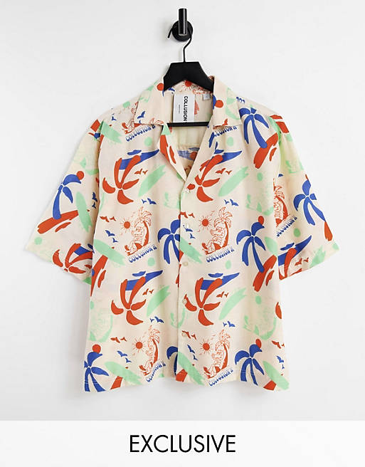 Co-ords COLLUSION Unisex linen shirt with surfer print co ord 